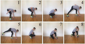 Photographs of eight movement strategies for lifting a light load from the floor used in the movement strategy safety questionnaire. According to the literature, all strategies are safe for people with a history of, or chronic low back pain. This tool was found to have content validity during a pilot study.