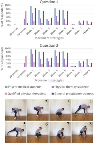 Results for the movement strategy safety questionnaire for each group expressed in percentages. Q1) Which movement strategy(s) would you not recommend to an asymptomatic individual with a history of low back pain to pick up a key ring? Q2) Which movement strategy(s) would you not recommend to a patient with chronic low back pain to pick up a key ring?