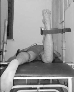 Participant's position for hip external rotation (ER) isometric torque assessment.