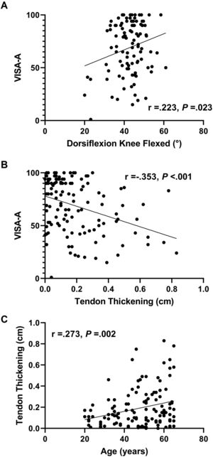 Correlations between symptom severity and ankle dorsiflexion range of motion with the knee flexed (A); symptom severity and tendon thickening (B) and; tendon thickening and age (C). VISA-A, Victorian Institute of Sports Assessment‒Achilles questionnaire (higher scores indicate fewer symptoms).