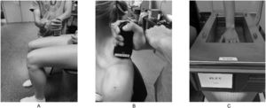 A: Measurement of pressure pain threshold on the quadriceps muscle. B: Measurement of pressure pain threshold on the upper trapezius muscle. C: Measurement of conditioned pain modulation with hand in hot water bath.