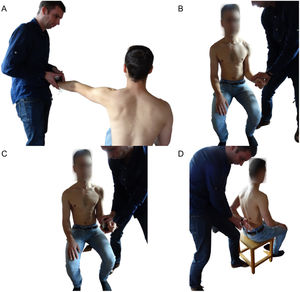 Test positions of muscle strength assessment. A: Abduction in scapular plane. B: External rotation. C: Internal rotation. D: Internal rotation with lift-off.