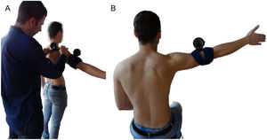 Test positions for scapular upward rotation (A) and joint repositioning sense test (B).