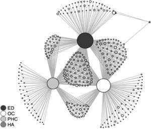Graphic representation of the pathways of patients in the Health Care Network, for non-specific spinal disorders, between 2012 and 2018. The central circles represent the settings of the health system investigated (ED: Emergency Department; PHC: Primary Health Care; OC: Outpatient Care; and HA: Hospital Admission) and the larger their size, the greater the frequency of access by users in this instance. In the edges, each circle represents an individual. The stems represent the usage of the service in the settings for each individual. The more frequently the user visits the Health Care Networks, the larger the size of the circle. In cases where the stems are connected in more than one setting, the position of the individuals