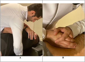 A. Global low-amplitude and high-speed manipulative maneuver (thoracic region). B. Posterior-anterior central mobilization administered in the low back region.