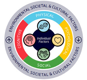 Australian Physical Literacy Framework19; This work is licensed under a Creative Commons Attribution 4.0 International License https://creativecommons.org/licenses/by-nc-nd/3.0/au/deed.en; Fig. 4 long description: A circle with the word ‘physical’ with an image of a hand weight, ‘cognitive’ with an image of a head with a cog where the brain would sit, ‘social’ with an image of two hands high fiving and ‘psychological’ with an image of a love heart in a circle around the words ‘individual factors’. This entire circle is surrounded by the words ‘environmental, societal and cultural factors’.