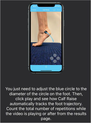 Example of the Calf Raise Application. A round sticker with a diameter of 2.5 cm is placed just below the distal tip of the lateral malleolus. The Calf Raise Application tracks this sticker using computer vision algorithms. As the participant goes up, the heel with the adjusted sticker moves upwards and forwards in the screen.