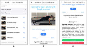 Exercise panel of the My Safe Back. Training session (panel A), and Graphics Interchange Format (GIFs), descriptions, and audio on how to perform each exercise (panel B and C).