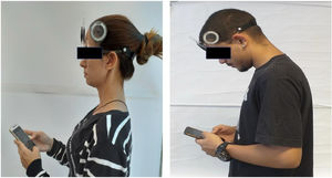 The measure of cervical flexion angle using the CROM device while the participant was texting on the smartphone. The left participant yielded a cervical flexion angle of 4° and the right one 50°.