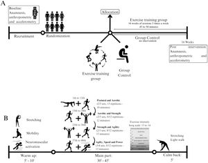 Study design (panel A) and multimodal exercise training protocol (panel B).