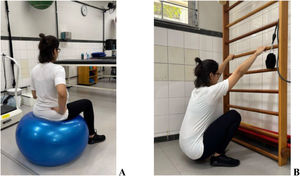 A) Practice of pelvic and hip mobility exercises using the Swiss ball; B) positioning option for the expulsion phase, with the companion
