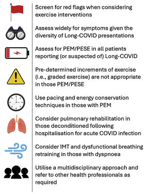 Summary of considerations for delivering physiotherapy to people with Long-COVID.