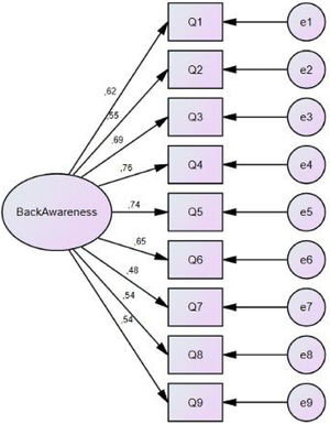 Structural validity path diagram of the Fremantle Back Awareness Questionnaire Brazilian Portuguese version (FreBAQ-Br). Q = questions. e = error.