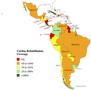 Phase II cardiac rehabilitation availability and coverage in Latin American countries. Note: 0% coverage (red) indicates no CR availability.