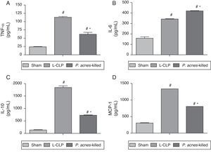 Effect of P. acnes-killed treatment in animals (n=6) in the expression of TNF-α (A), IL-6 (B), IL-10 (C) and MCP-1 (D) levels in the peritoneal cavity of mice subjected to cecal ligation and puncture (CLP). The cytokine levels in peritoneal exudates were determined at 6h after surgery in sham-operated, L-CLP and P. acnes-killed mice. Results are expressed as mean±S.E.M. *p<0.05 compared with L-CLP.