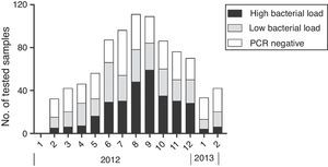 Monthly occurrence of total episodes of Mycoplasma pneumoniae pneumonia and cases with different bacterial loads during the outbreaks in 2012.