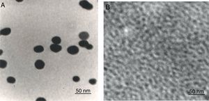 TEM image of synthesized AuNPs (A) and CdTe-QDs (B).