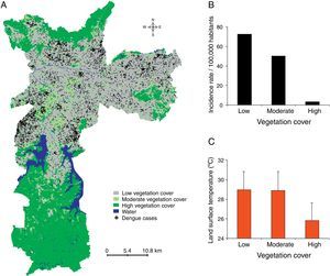 Dengue incidence by vegetation cover. (A) Dengue cases and vegetation cover areas were geocoded using geographical information systems. (B) The dengue incidence (cases per 100,000 inhabitants) and (C) land surface temperatures in the low, moderate, or high vegetation cover zones are shown.