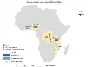 Map of Africa showing ranking of estimated schistosomiasis burden in sub-Saharan African (SSA) countries. Schistosomiasis prevalence in SSA is documented to be 192 million, which is 93% of the total global prevalence of the disease. A total of 29 million people are infected by this disease in Nigeria, 19 million in Tanzania, 15 million each in Democratic Republic of Congo and Ghana, while Mozambique with 13 million people completes the top five countries with the highest prevalence in SSA. This prevalence figures by country are represented by a pie chart as a ratio of the total disease burden in SSA using a normalization figure of 0.0069. The prevalence figures are taken from Hotez and Kamath,9 while the prevalence map was generated using the ArcGIS software.
