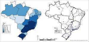 (Map 1) Absolute distribution of infectious diseases specialists according to Brazilian states, 2015. (Map 2) Dot density of absolute distribution of infectious diseases specialists by Brazilian municipalities according to Brazilian regions, 2015.