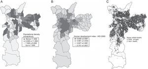 (A) Estimated São Paulo city population density in 2009; (B) estimated human development index by city districts in 2009; (C) total distribution of deaths due to sepsis and illnesses potentially related to sepsis in São Paulo in 2009.