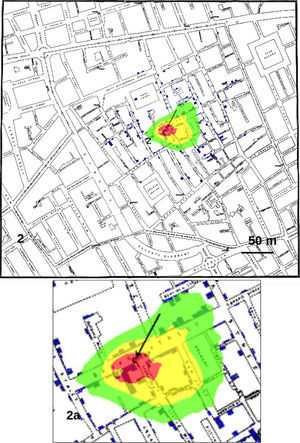 GP analysis with weights assigned to each point of the map on the basis of the number of cholera cases. The red area (that with highest probability to find the infection source) is only about 30m in diameter and it comprises the famous pump of Broad Street.