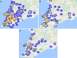 Spatial distribution of HIV-1 most frequent subtypes detected in patients submitted to HIV-1 genotyping in Salvador Brazil. (A) Administrative regions of Salvador. (B) HIV-1 subtype B. (C) HIV-1 subtype FB. (D) HIV-1 subtype F1.