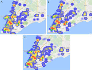 Spatial distribution of HIV-1 strains, according to the most frequent NRTI- associated drug-resistance mutations detected in genotyping tests in Salvador, Brazil. (A) Mutation 41L. (B) Mutation 215Y. (C) Mutation 210W.