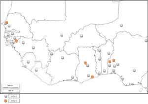 Distribution of HTLV-1 and 2 in West Africa.