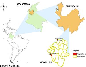 Geographical location of the entomological collection areas. The map shows the location of the neighborhoods from which entomological material was collected for the establishment of the H-INC (Las Violetas) and L-INC (Progreso 2 and El Triunfo) colonies from the city of Medellin (Colombia).
