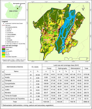 Environmental classification and spatial distribution of cutaneous leishmaniasis cases, 2007 to 2016, Cametá, Pará, Brazil.