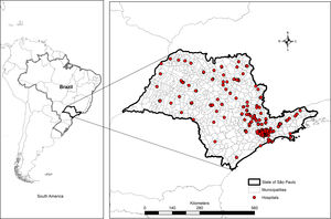 Spatial distribution of participant hospitals (n = 309). State of São Paulo, Brazil, 2008–2011. The coordinate system is Datum World Geodesic System (WGS 1984).