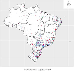 Georeferencing of cases according to patients treated for hepatitis C, and patients who achieved viral cure, Brazil, 2015 to 2018.