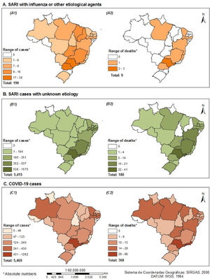 Distribution of cases and deaths due to SARIs among pregnant and recently pregnant women, by state, SIVEP-Gripe, Brazil, January-November 2020 (n = 11,074) A. SARI with influenza or other etiological agents (A1-Number of confirmed cases; A2-Number of reported deaths). B. SARI cases with unknown etiology (B1-Number of confirmed cases; B2-Number of reported deaths). C. COVID-19 cases (C1-Number of confirmed cases; C2-Number of reported deaths).
