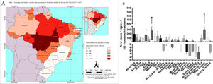 Distribution of new cases of leprosy in the Brazilian states per 100,000 inhabitants (2013 to 2017). The data were normalized for the number of occurrences per 100,000 inhabitants, according to information on population density according to the IBGE. In A, the mean distribution of new leprosy cases can be visualized for the different Brazilian states on the map. In B, the distribution of new leprosy cases by interquartile range for each Brazilian state.