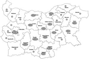 Distribution of HIV evaluated patients and HIV/HEV co-infected patients according to different administrative districts of Bulgaria. Legend: Values on the map represents the number of HIV infected by region, followed by the HIV/HEV patients, placed in brackets (if any).