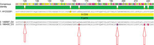 Alignment of the deduced amino acid sequence of the S (partial) gene of HBV, showing the amino acid changes (arrows) 120 (P120S), 164 (E164D), 195 (I195M) and 217 (P217L), associated with occult HBV infection (isolates 149597 and 186400).