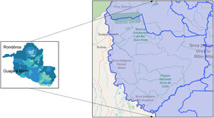 Map of Rondônia highlighting the cities of Guajará Mirim and Nova Mamoré from where the study participants were recruted. Legend: The blue tones distinguish the cities of Guajará Mirim and Nova Mamoré.