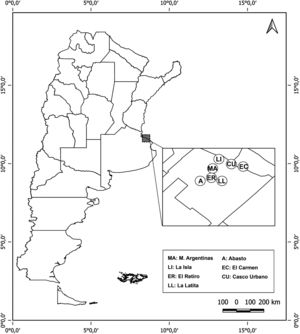 Map of the neighborhoods of Gran La Plata, Buenos Aires, Argentina. A, Abasto; CU, Casco Urbano; EC, El Carmen; ER, El Retiro; LI, La Isla; LL, La Latita; MA, Malvinas Argentinas.