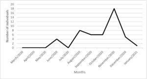 Number of anti-SARS-CoV-2 detections in relation to the pre-vaccination period evaluated in the study (March/2020‒January/2021).