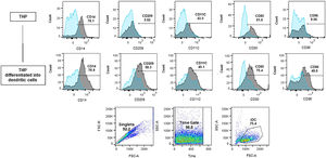 Differentiation of THP-1 into iDC. Histograms and Dotplots obtained by flow cytometry. Blue histograms ‒ unmarked isotypes; Grey histograms ‒ marked isotypes. The bars show the displacement of the marked population in relation to the unmarked one. Before differentiation, among the labeled cells (iDCs) 58.3 % expressed the CD209 receptor, 50 % expressed the CD86 receptor, and 40.1 % expressed the CD11c receptor. The joint expression of these three receptors demonstrated a profile closer to that of iDCs.