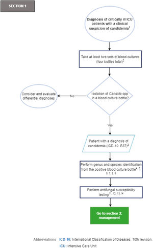 Section 1 of the flowchart: Diagnosis of critically ill ICU patients with a clinical suspicion of candidemia. ICD-10, International Classification of Diseases, 10th revision; ICU, Intensive Care Unit.
