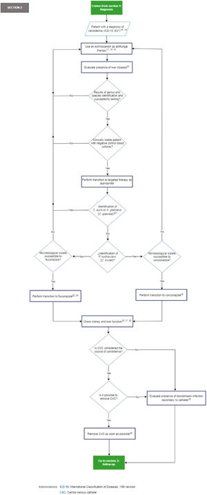 Section 2 of the flowchart: Management of critically ill ICU patients with a diagnosis of candidemia. ICD-10, International Classification of Diseases, 10th revision; ICU, Intensive Care Unit.