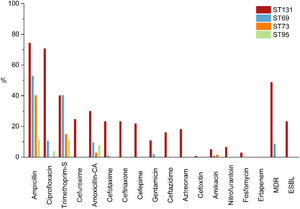 Frequencies of non-susceptible E. coli clones in 2019.