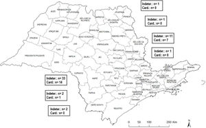 Map of the origin of patients with Chagas disease in the state of São Paulo. Indeter, Undetermined form; Card, Cardiac form; n, Number of patients belonging to each sub-region.