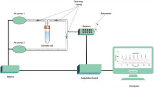 Schematic diagram of the electronic nose’s pneumatic flow system utilized for the diagnosis of SARS-CoV-2 infection.