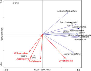 Redundancy analysis of the bacterial classes (with relative abundance > 1%) with chlorhexidine, azithromycin, ceftriaxone, and levofloxacin (in concentrations above the LOQ).