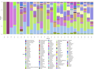 Genus profile of sputum from Cystic Fibrosis patient according to microbiome analysis. Relative abundance of bacterial taxa from 27 different patients with CF according to 16S rRNA. The colored segments represent the relative proportion of ASV in each bar. CF patients were generated in ascending order according to ACE index.