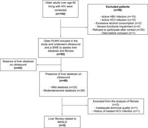Flow diagram of the study population. PLWH, People Living With HIV; HBV, Hepatitis B Virus; HCV, Hepatitis C Virus; p-SWE, point Shear-Wave Elastography; MASLD, Metabolic Dysfunction-Associated Steatotic Liver Disease.