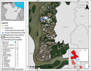 Spatial distribution of human and feline sporotrichosis and health units, in the neighborhoods of Belém, Pará State, Brazil, from 2020 to 2022.